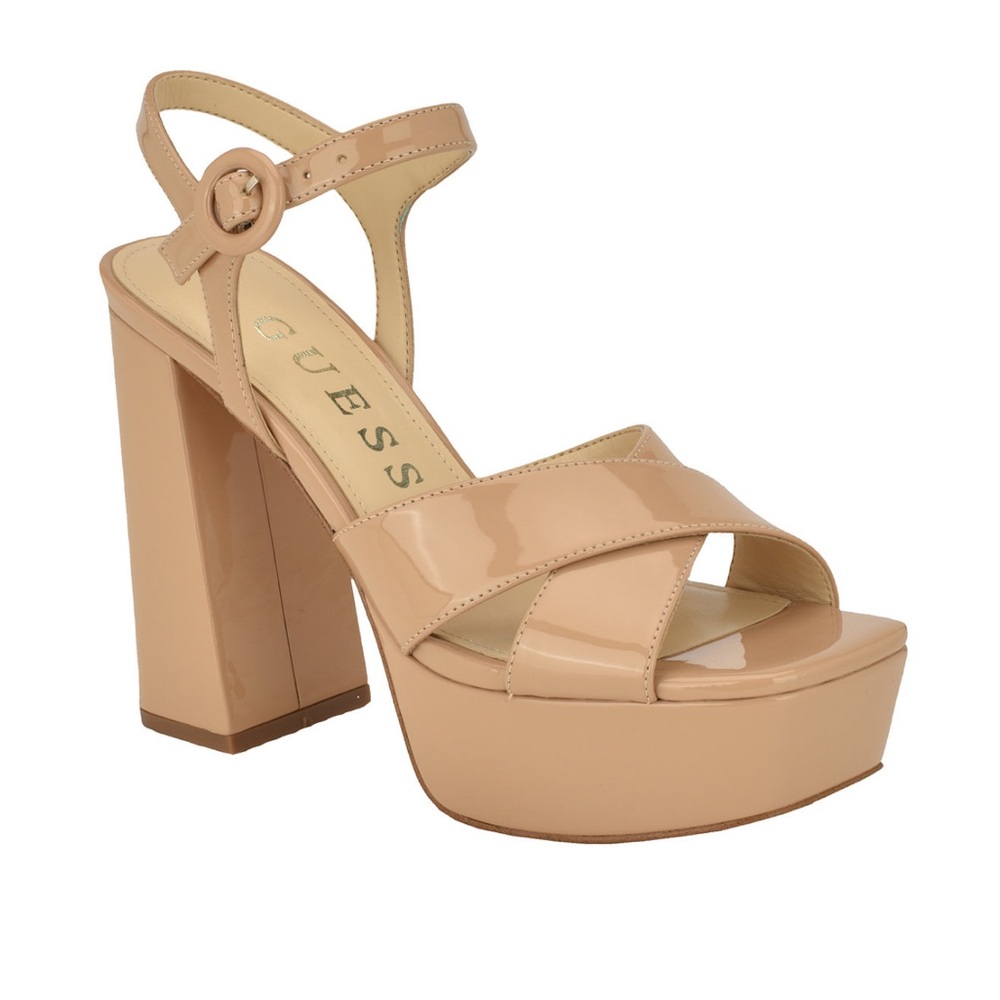GUESS Women's Vallenn Platform Block Heel Dress Sandals- Natural Patent- Size 6